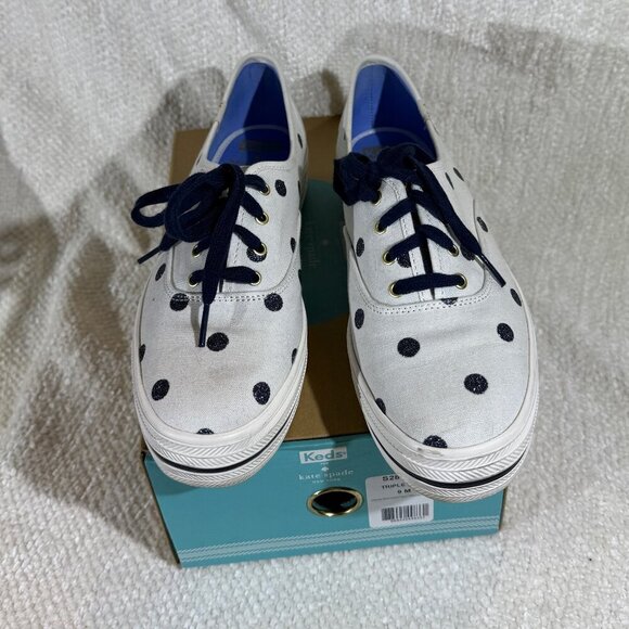 Keds x kate spade Platform Sneakers 9M White/Blue Glitter Dots EUC w/ Box - Picture 7 of 8
